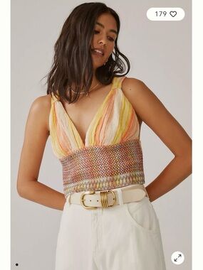 Anthropologie Yellow Multi Smocked Striped V-Neck Crop Top